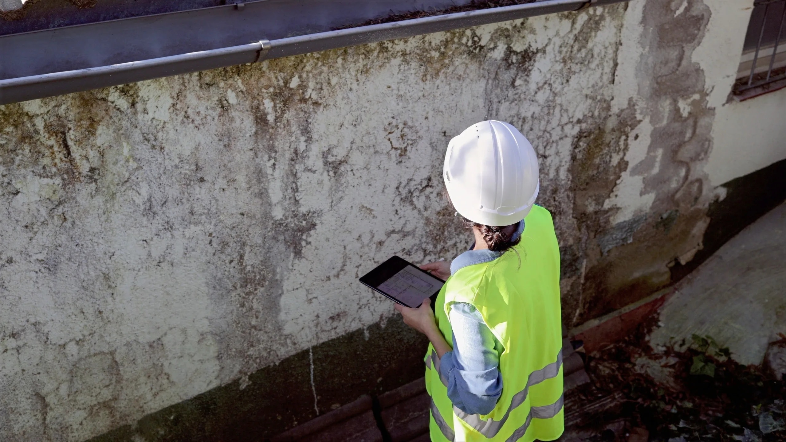 Professional inspector examining building for mold and moisture damage